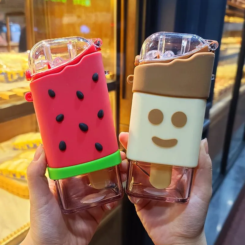 Water Bottles Summer Cute Donut Ice Cream Bottle With Straw Creative Square Watermelon Cup Portable Leakproof Tritan BPA 278w