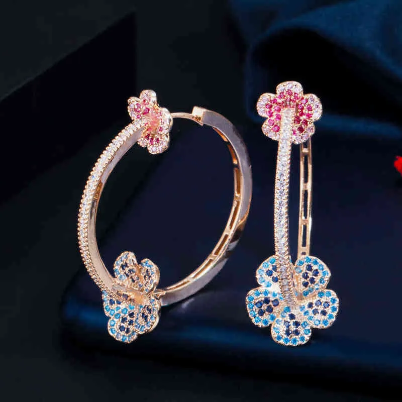 CWWZircons Designer élégant Micro Pave bleu rouge CZ couleur or clair grande fleur ronde boucles d'oreilles pour femmes bijoux cadeau CZ810 21281y
