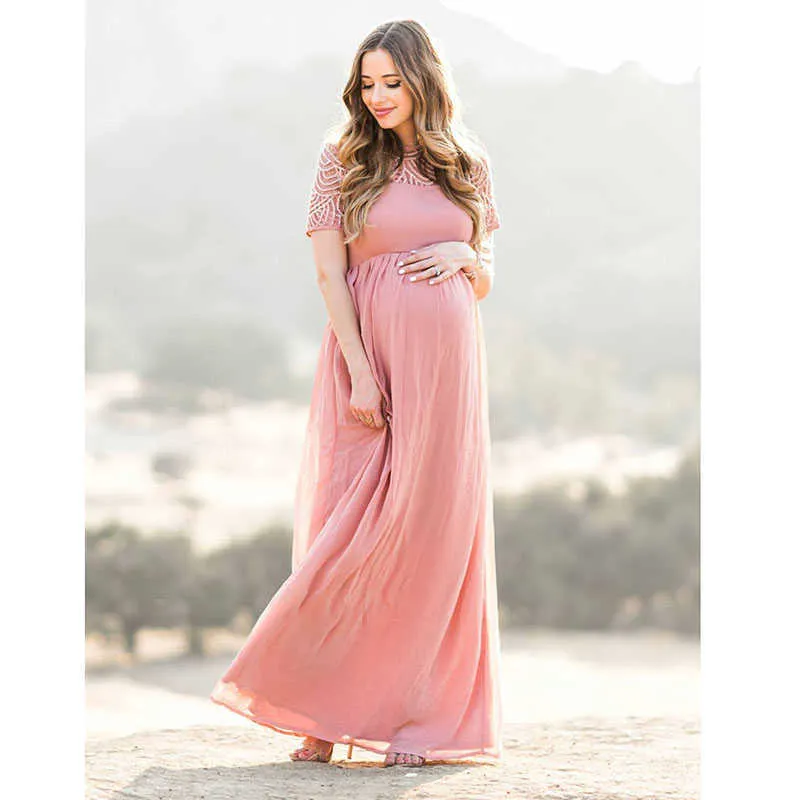 Kısa Kollu Dantel Şifon Annelik Elbiseleri Photoshoot Hamile Kadınlar için Maxi Kıyafeti Elbise Gebelik Bebek Duş Fotoğraf Prop Y0924