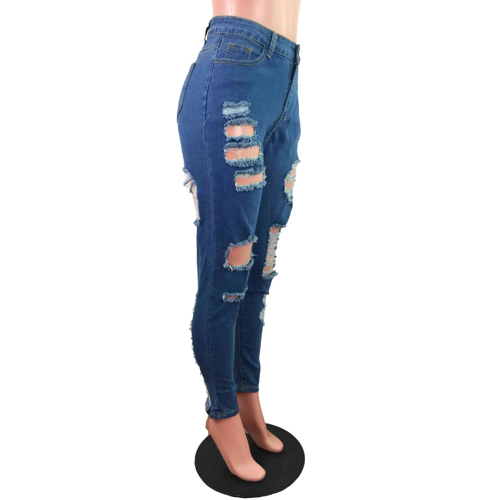Deep Blue High Waisted Skinny Jeans Women Denim Pants Product Classic Hole Pencil Trousers Free 210525