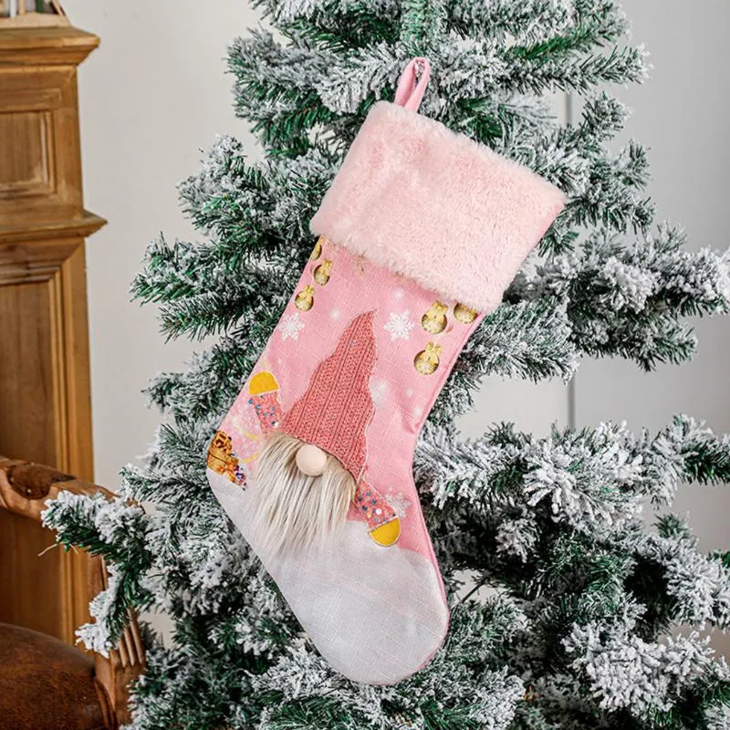 Décorations de Noël Chaussettes Glow Sparkly Rose Sac de bonbons Porte-cadeau Grand ornement suspendu Arbre de Noël Pendentif lumineux Décor 20222328