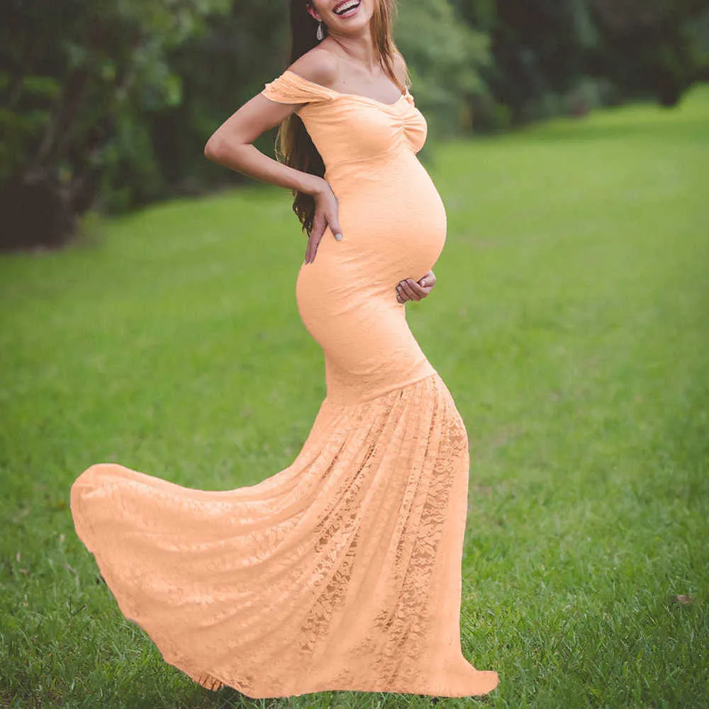 Sexy robes de maternité dentelle longue robe épaules dénudées volants robe de grossesse photographie Prop Maxi robe pour femmes vêtements X0902
