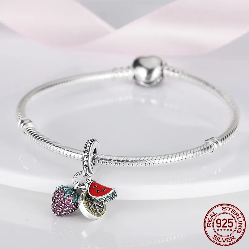 Breloques en argent 925, fraise, pastèque, citron, adaptées au Bracelet Pandora Original, perle de charme en forme de Fruit pour la fabrication de bijoux