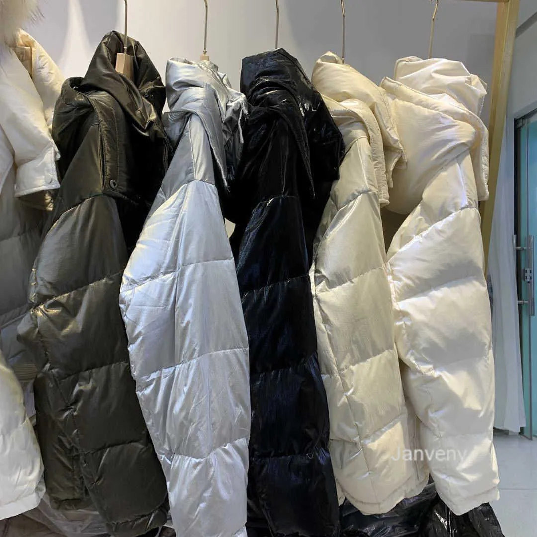 Janveny brillant brillant doudoune femmes hiver 90% manteau de canard blanc femme bouffante parkas à capuche imperméable vêtements d'extérieur de neige 210913