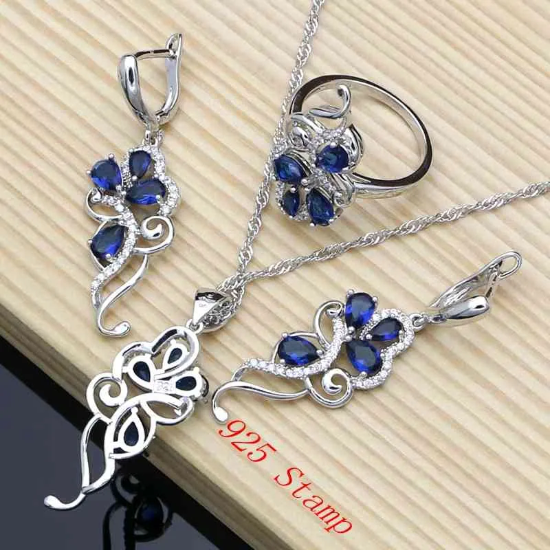 Sier 925 Brid Jewelry Set Blue Zircon White Suit for Women Ston Leave Twig Earrings Ring Bracelet Chain Set