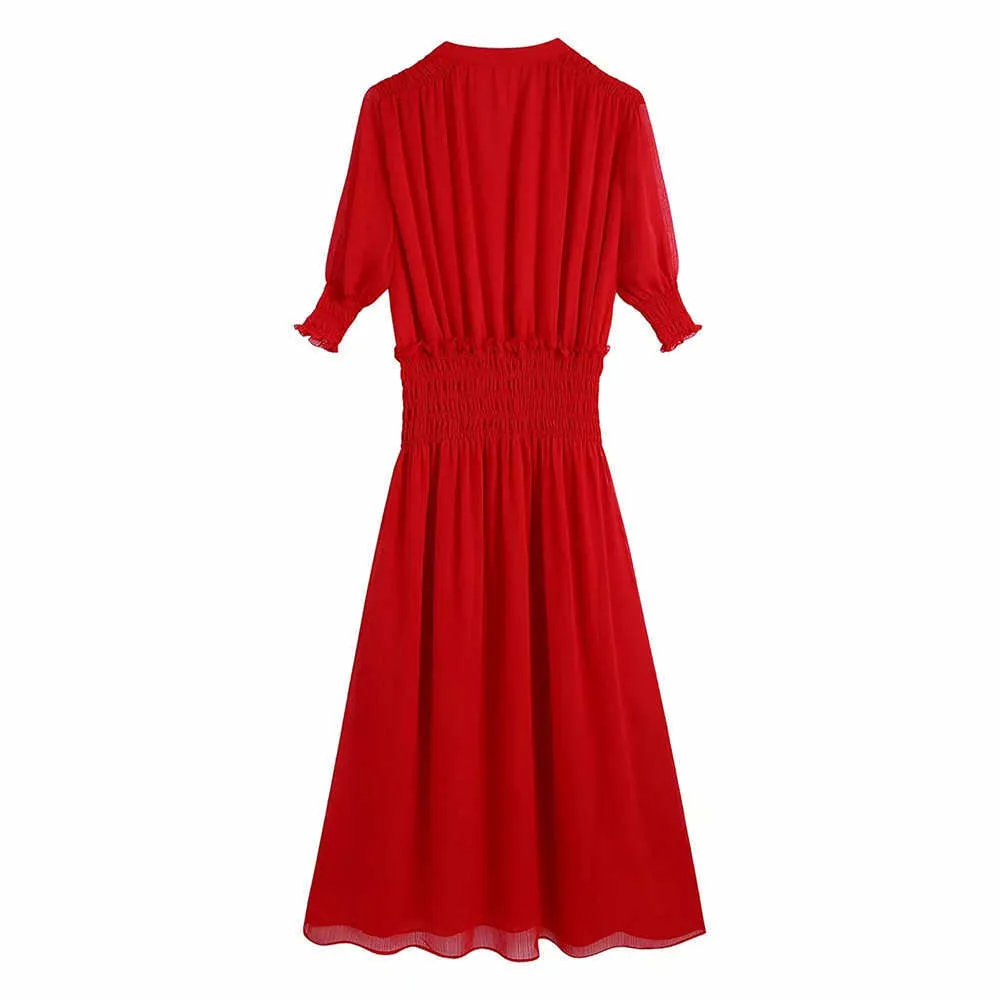 Za vermelho chiffon vestido de verão mulheres cintura elástica curto vintage midi es mulher botão para cima festa de forro 210531