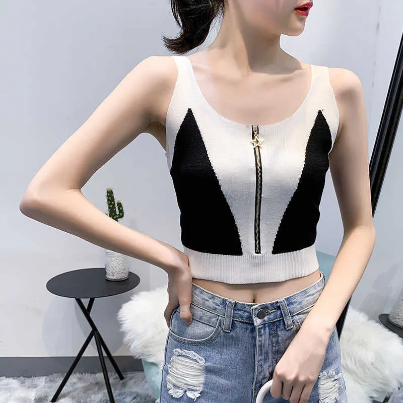 Casual Slim mujeres Crop Top moda sin mangas cuello redondo Patchwork cremallera Streetwear señora mujer tanque W163 210526