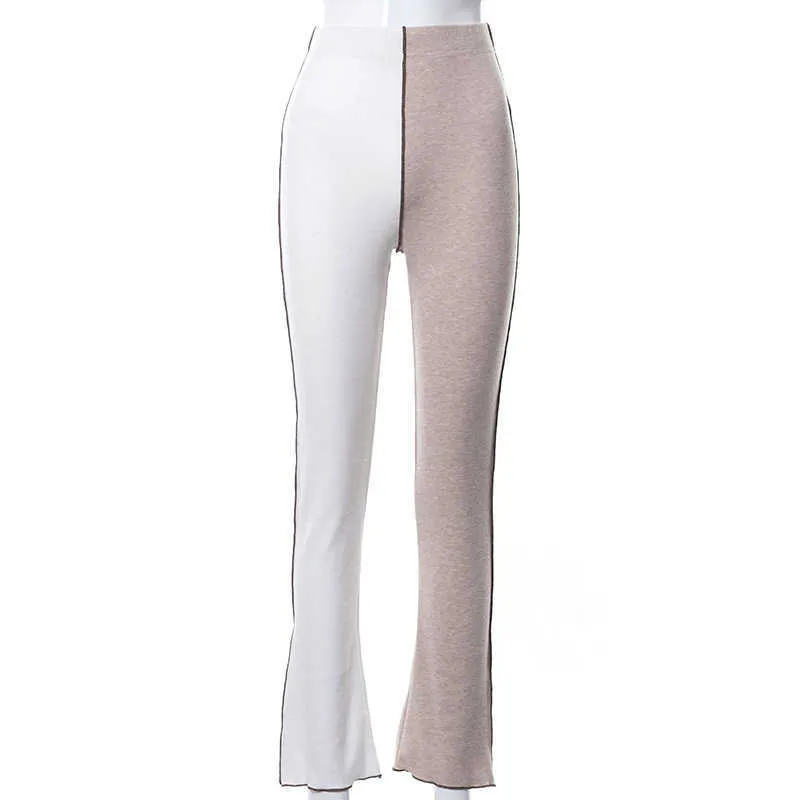 Ny stil Kvinnors höstkontrastfärg Slim-Fit Hip-Lifting High-Waish Anti-Wear Micro-Flared Casual Pants Q0801
