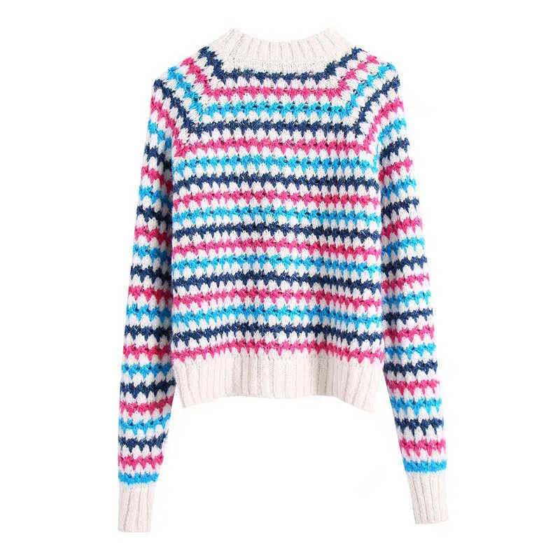 Evfer Chic Lady Fashion Colors Striped Print Knitted Short Pullover Autumn Winter Womens Za O-Neck Long Sleeve Casual Sweaters Y1110