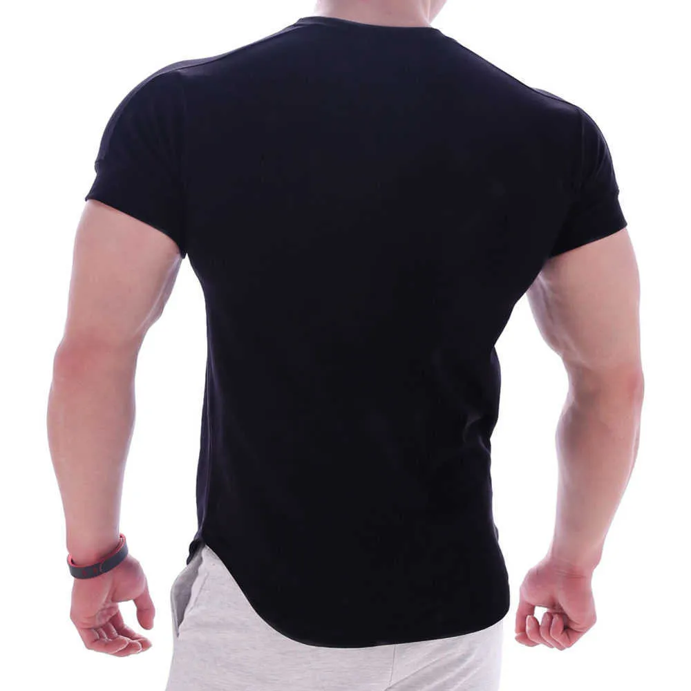 Повседневная сплошная футболка с коротким рукавом мужчины тренажерный зал Фитнес спортивный хлопок футболка мужской бодибилдинг тощий тройник летние топы одежда 210629