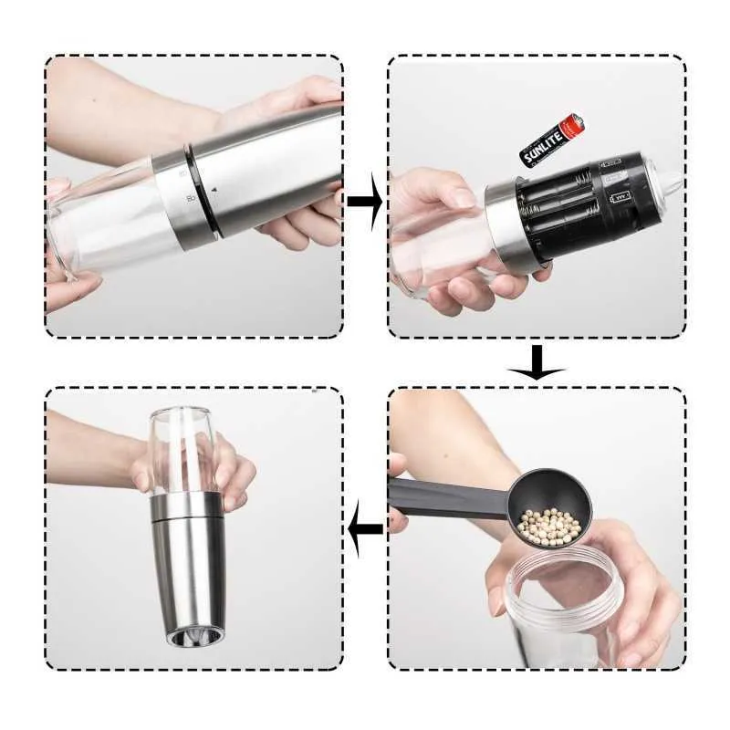 Elektrische automatische Mühle, Pfeffer- und Salzmühle, LED-Licht, Pfeffer, Gewürzkorn, Porzellan-Schleifkern, Küchenwerkzeuge 210712