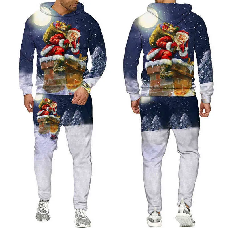 Julklapp Alla Skriv ut Hoodies Byxor Mäns 3D-tracksuiter Unisex Snowman Pullover Sweatshirt Streetwear Suits 211220