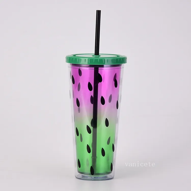 24Oz Plastic Watermelon Tumbler with Lids Straws Double Wall Summer Party Juice Beverage Cup By sea T2I53286