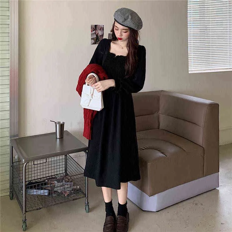 Women Long Sleeve Dress Plus Size 3XL New Black Square Collar High Waist A-line Mid-calf French Style Elegant Ladies Chic Korean G1214