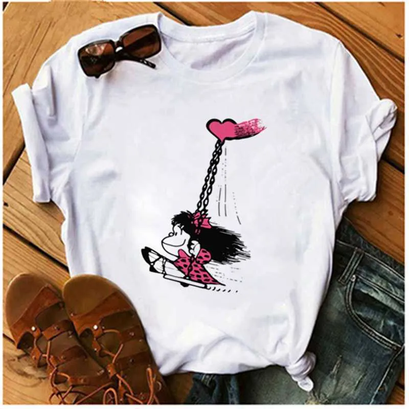 AOWOF Funny PEACE Mafalda Or I WANT Coffee Cartoon T-shirt Women Graphic Print T-shirt Harajuku Casual T-shirt Ladies Top X0527