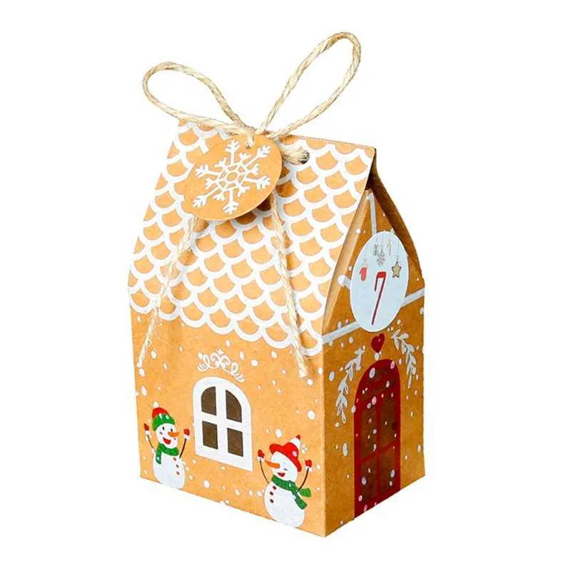 A5KB Christmas House Gift Box Kraft Paper Cookies Candy Bag Snowflake Tags 1-24 Advent Calendar Stickers Hemp Rope Party 211018