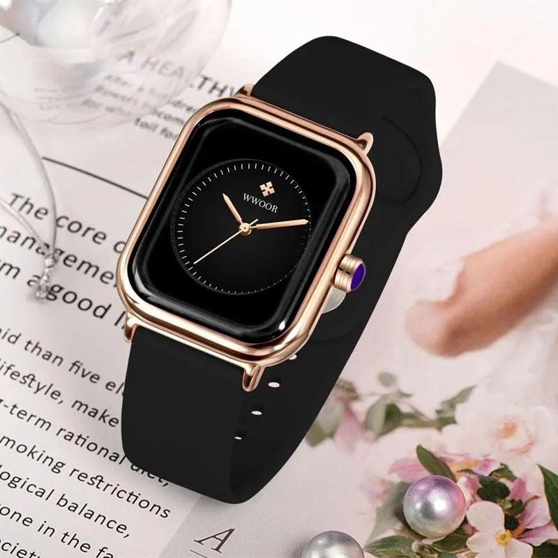Montres-bracelets WWOOR Top Femmes Mode Noir Montre Silicone Dames Carré Quartz Horloge Élégant Poignet Watches284O
