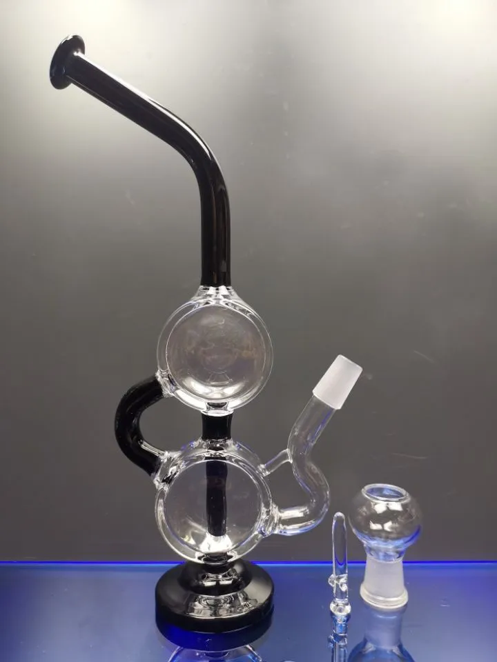Unikt glas Bong Glass Vattenrör Percolator Glass Recycler med svart hals 14,4 mm Joint Zeusart Shop