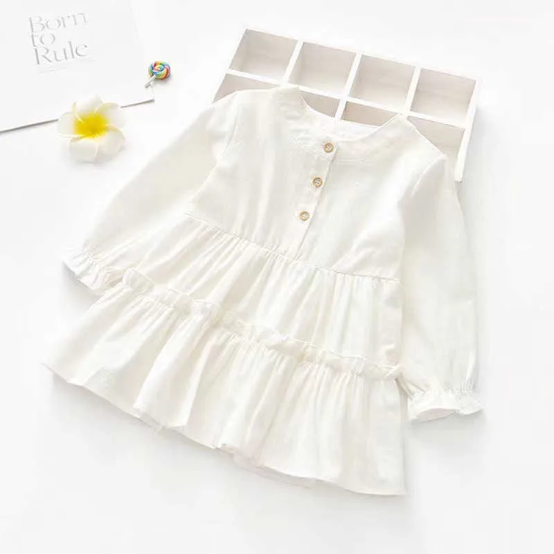 Fille Kid's Robe Blanc Enfant Bébé Bouton Automne Coton Lin Robes À Manches Longues Solide Fête Casual Vêtements Pour Enfants 1-5Y G1026