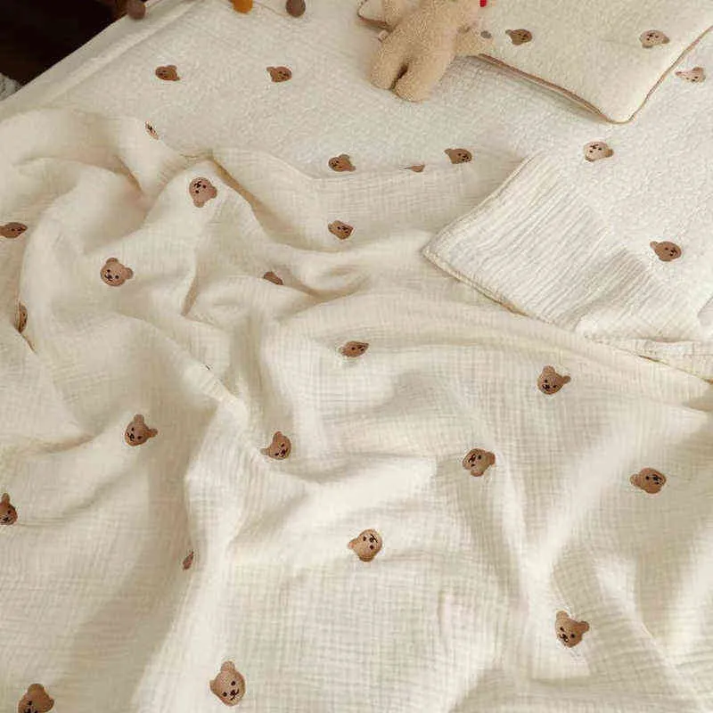 MI Ins born Korean Bear Embroidery Kids Sleeping Blanket Cotton Bedding Accessories 220209