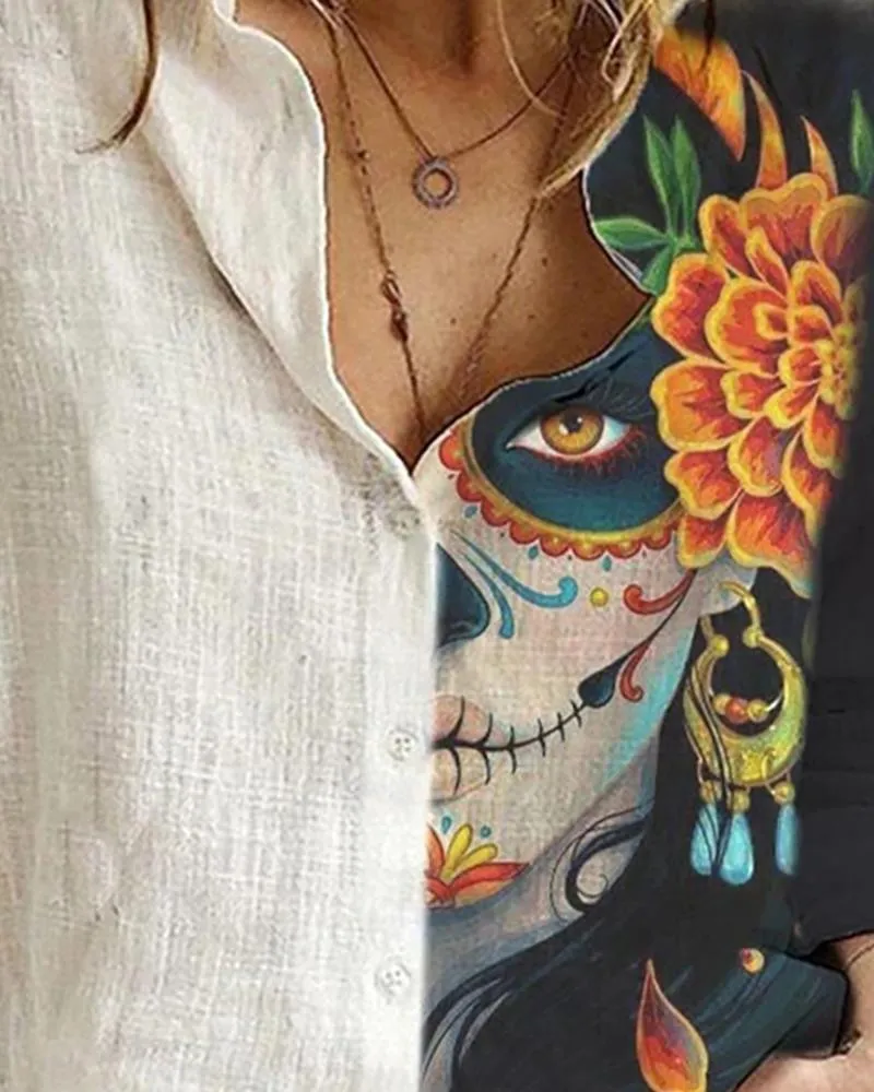여성 캐주얼 가을 턴 다운 칼라 Buttoned 해골 블라우스 할로윈 그림 인쇄 colorblock 셔츠 21302