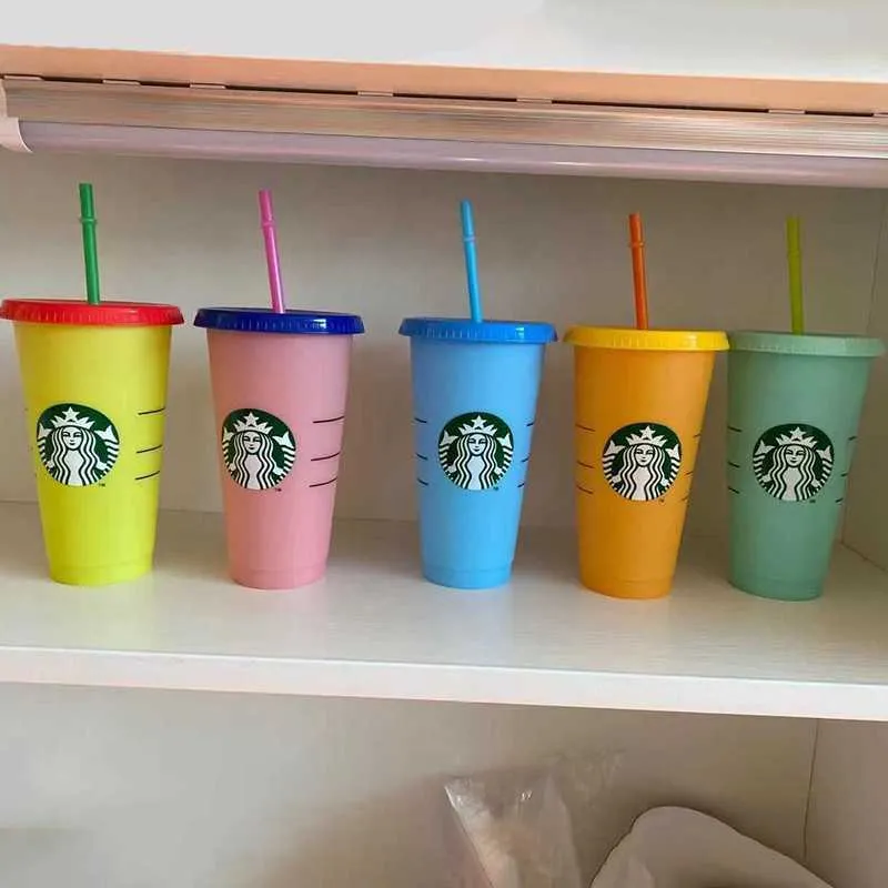 Reusável Starbucks Cor Mudando Copos Frios Plástico Copo com Tampa Reusável Copo de Plástico Oz Verão Coleção Puure