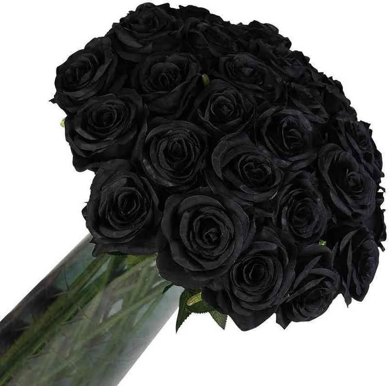 女性のためのギフト人工花バラシルクフラワーズホームパーティーハロウィーンの装飾用の長い茎の人工黒バラ
