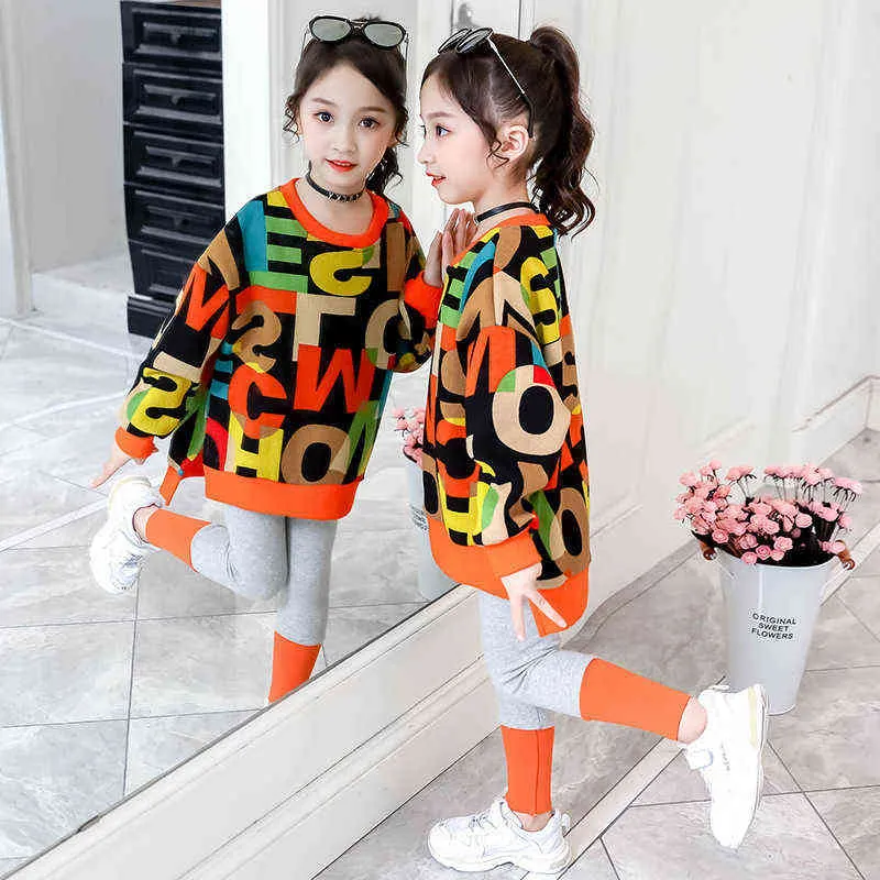 Abbigliamento bambini Completo ragazze Abbigliamento autunnale Moda casual Maglione lettera bambini grandi + leggings Set in due pezzi 211224