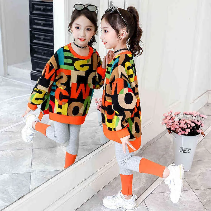 Kinderkleding Pak Meisjes Herfst Kleding Mode Casual Big Children's Letter Trui + Leggings Tweedelige Set 211224
