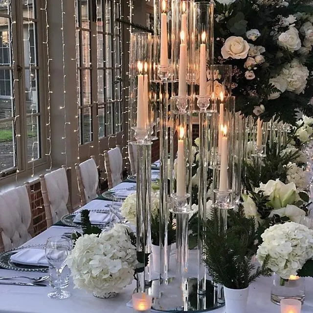 Bras de décoration de fête à longues tiges, tube acrylique transparent moderne, bougeoirs en cristal d'ouragan, centres de table de mariage RRA105250z