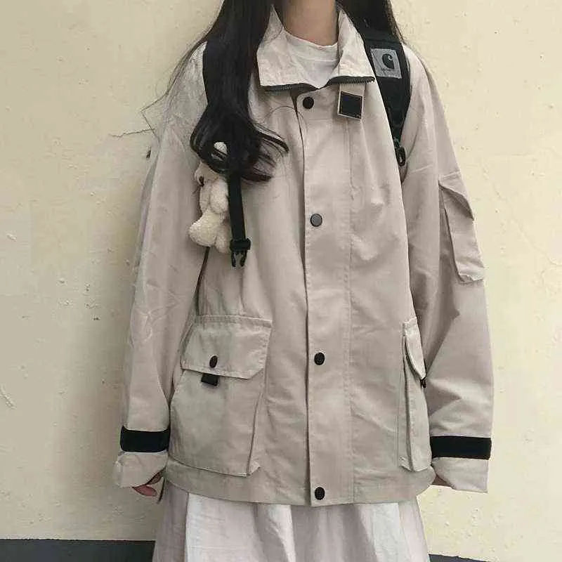 Japonais Jk uniforme Outwear décontracté couleur unie grande taille automne Vintage femmes veste grunge zip up streetwear manteau kpop 211109