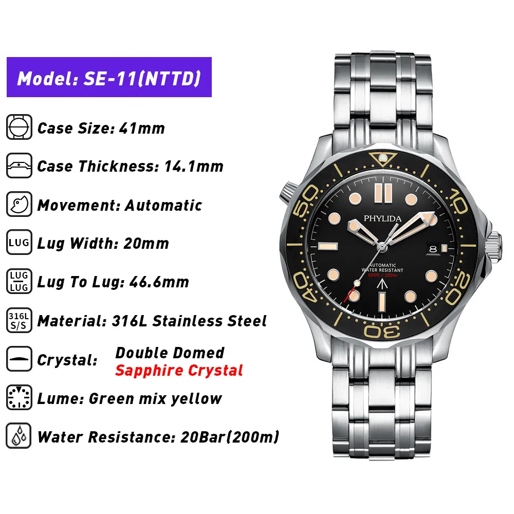 Phylida Black Dial Miyota PT5000 Automatyczne zegarek nurek nttd styl Sapphire Crystal Solid Bransoleta Wodoodporna 200 m 210310302W