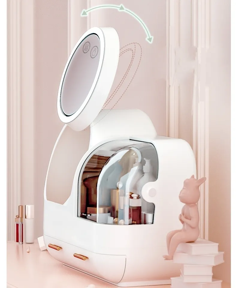 LED lumière maquillage organisateur ventilateur cosmétique boîte de rangement Transparent bureau organisateur mode clair beauté boîte livraison directe 210315