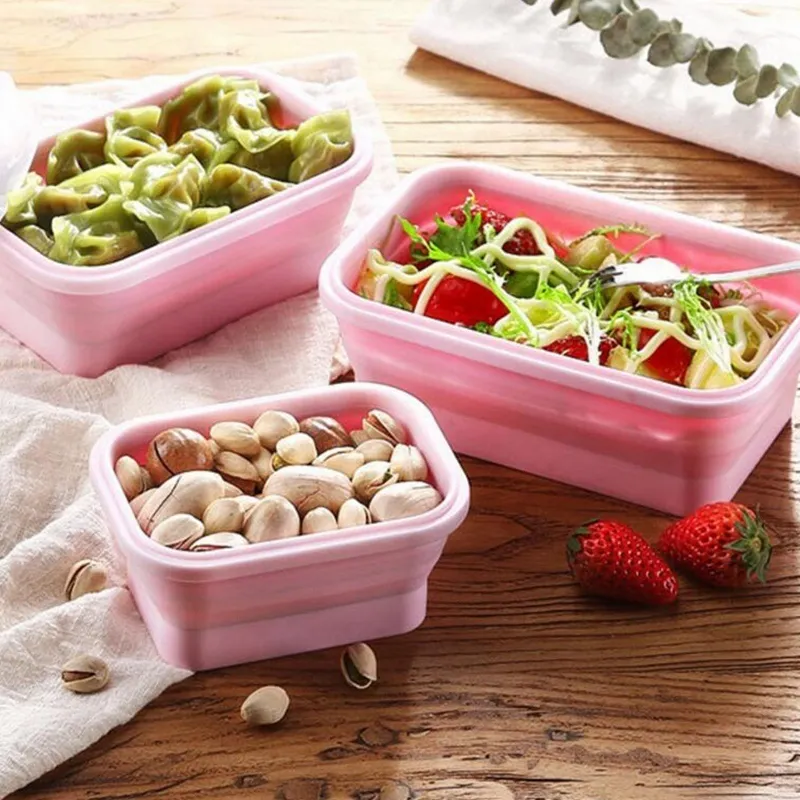 4 -stycken set rosa matkvalitet silikon lunchlåda vikande miljövänlig behållare bento hopfällbar bärbar mikrovågsugn för y200429