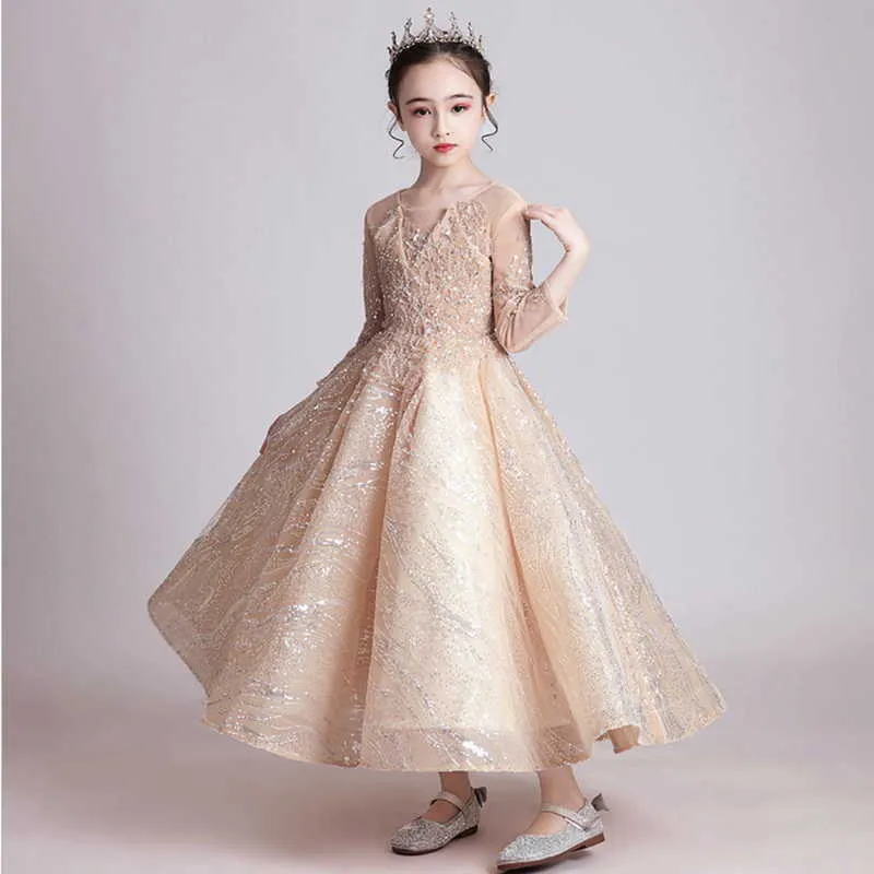 Spring Teenagers Girls Formal Dress Long Sleeve Pearls Cute Style Party Model Show Dresses for Weddings E1130 210610