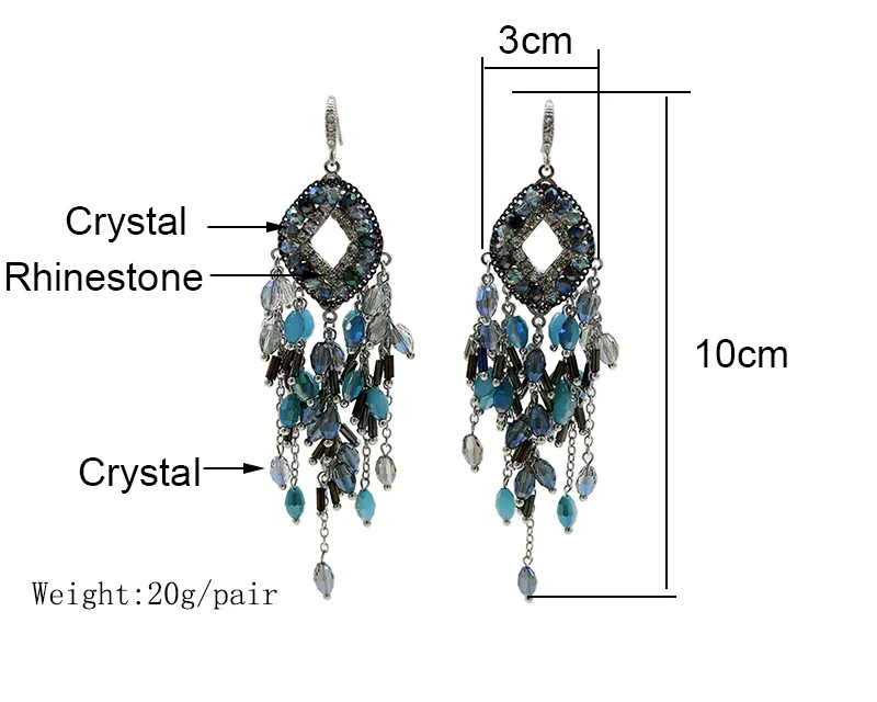 Boho Delikatny Handmade Crystal Zroszony Widgłowy Długie Kędziorki Kolczyki Dla Kobiet Czerwony Niebieski Purpurowy Kolorowy Moda Czeski Jewersylry