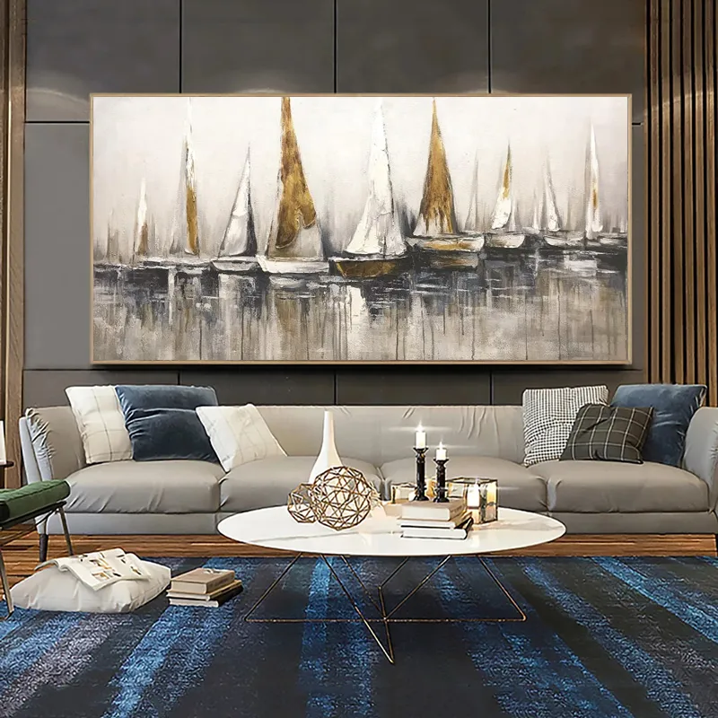 Arte de parede de pintura de veleiro dourada para sala de estar Barco Navio fotos Pintura de lona moderna decoração de casa pintura a óleo sobre tela