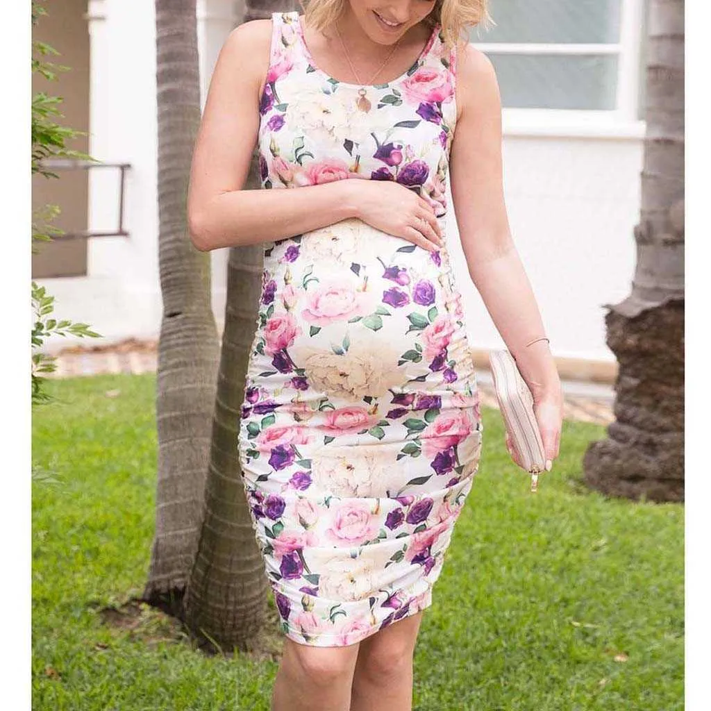 Nuovi vestiti premaman estivi senza maniche con stampa floreale vestito da allattamento allattamento al seno vestito da gravidanza Q0713