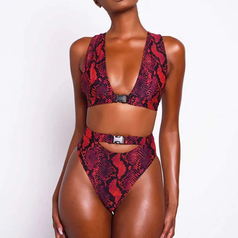 Boucle taille haute Bikini ensemble maillots de bain africains femmes maillot de bain Sexy rouge serpent imprimé maillot de bain femme Bikinis brésilien 210630