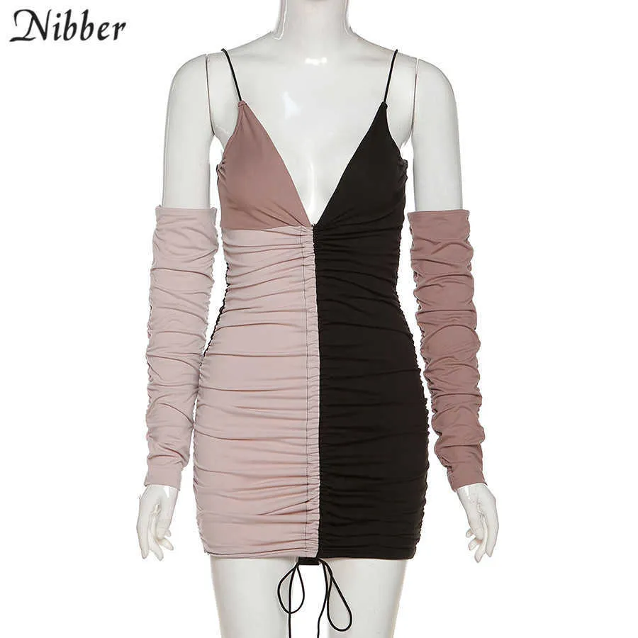 Nibber Sexy senza spalline splicing manica lunga sottile semplice profondo scollo a V Sling Dress 2021 Primavera Autunno Casual Fashion Street Y0726 da donna