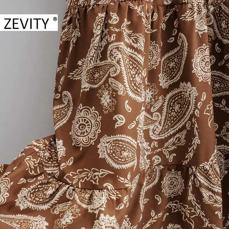 Zevenity Herfst Dames Vintage Cashew Floral Print Midi Shirt Jurk Dames Chique Bow Lange Mouw Casual Plooid Ruches Vestido DS4549 210603