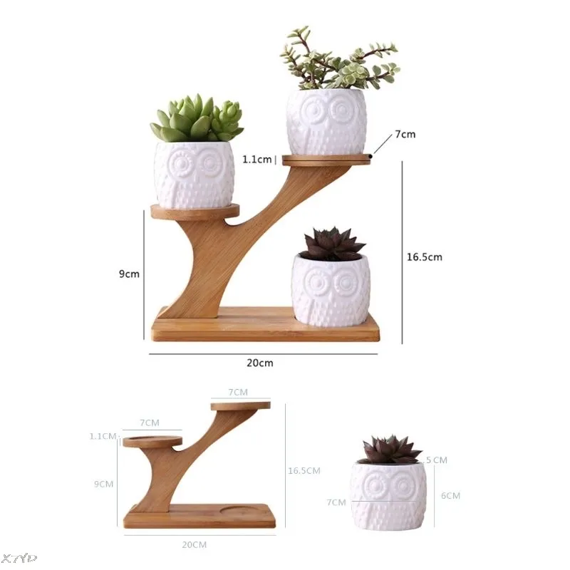 Vasi da giardino in ceramica Vivaio decorativo moderno Vaso piante grasse 3 Fioriere bonsai con ripiano in bambù a 3 livelli Nave libera Y200709