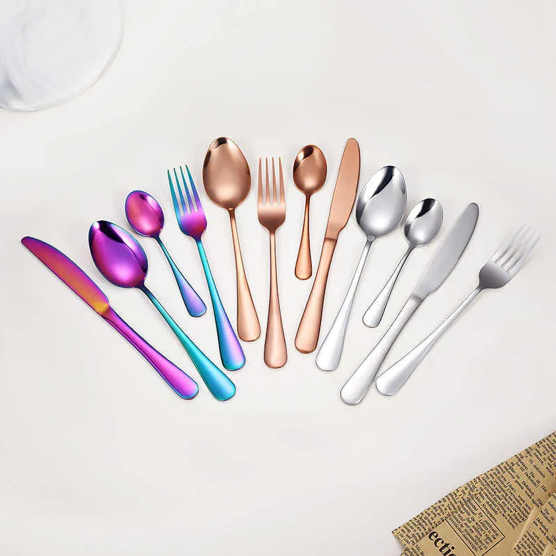 Stainless Steel Cutlery Tableware Rainbow Spoon Set Forks Knives Spoons Kitchen Dinnerware Drop 210928