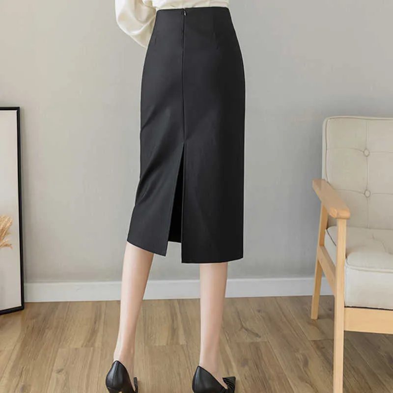 Aelegantmis Oficina coreana señora Bodycon Falda Mujer Casual Cintura alta Mujer Vintage Sólido Negro Media pantorrilla Chic OL 210607