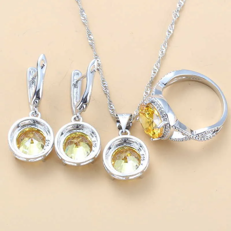 Glanzende gele kleurrijke zirkoon kostuum ronde sieraden sets voor vrouwen ketting en oorbellen bruids bruiloft sets H1022