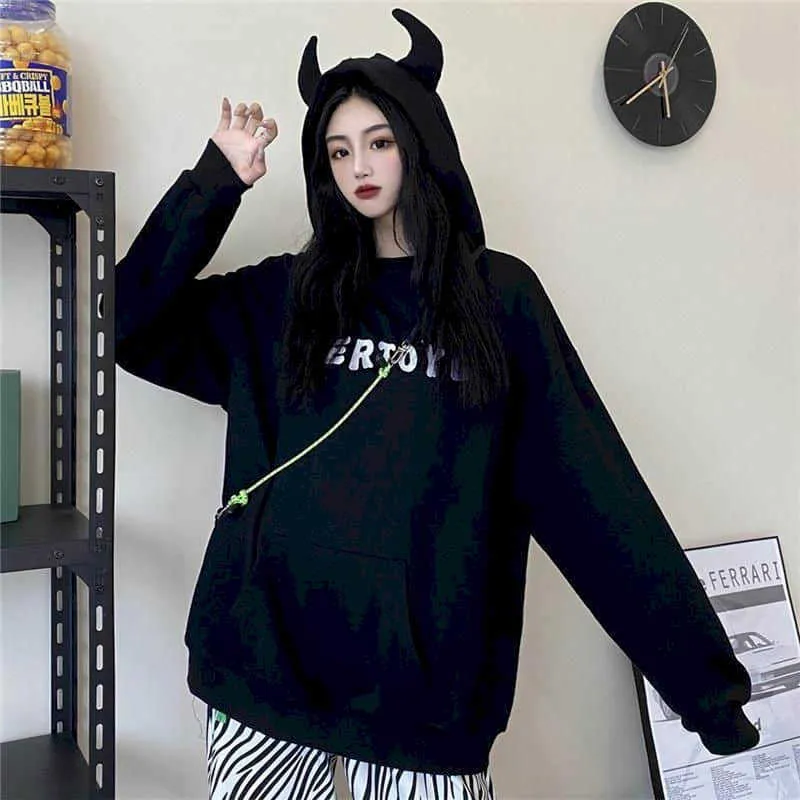 Hoodies Kvinnor Kvinna Höst Vinter Koreanska Harajuku BF Style Japanska Serier Skriv ut Loose Student Hooded Plus Velvet Sweatshirt 210526