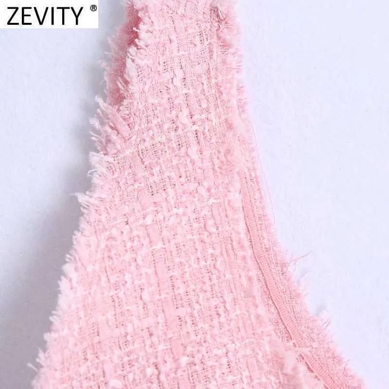 Zevity Women Fashion Vネックテクスチャツイードショートベストブラウス女性シックカジュアルプリーツデザインシャツクロップブルスサマートップスLS9383 210603