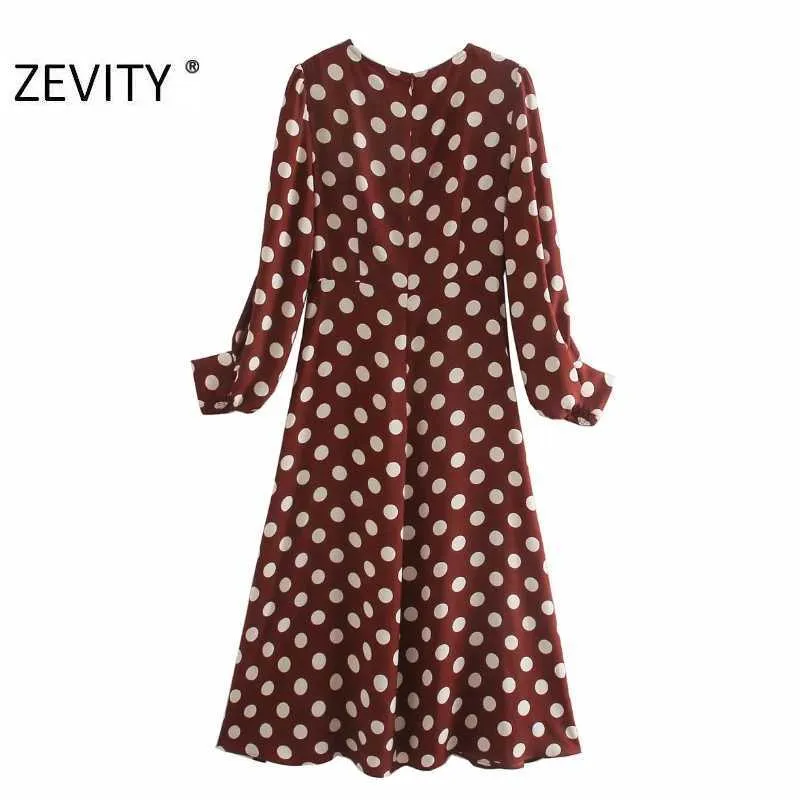 Zevity Women Vintage Long Sleeve Polka Dot Print A Line Midi Dress Office Lady Chic Elastic Patchwork Casual Vestido DS4710 210603