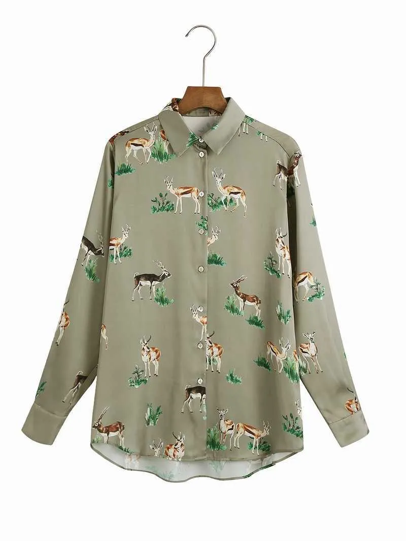 Kvinnor Lös tröja Vårmodell Långärmad Animal Deer Prints Modern Lady Blouse Partihandel Kläder 210602