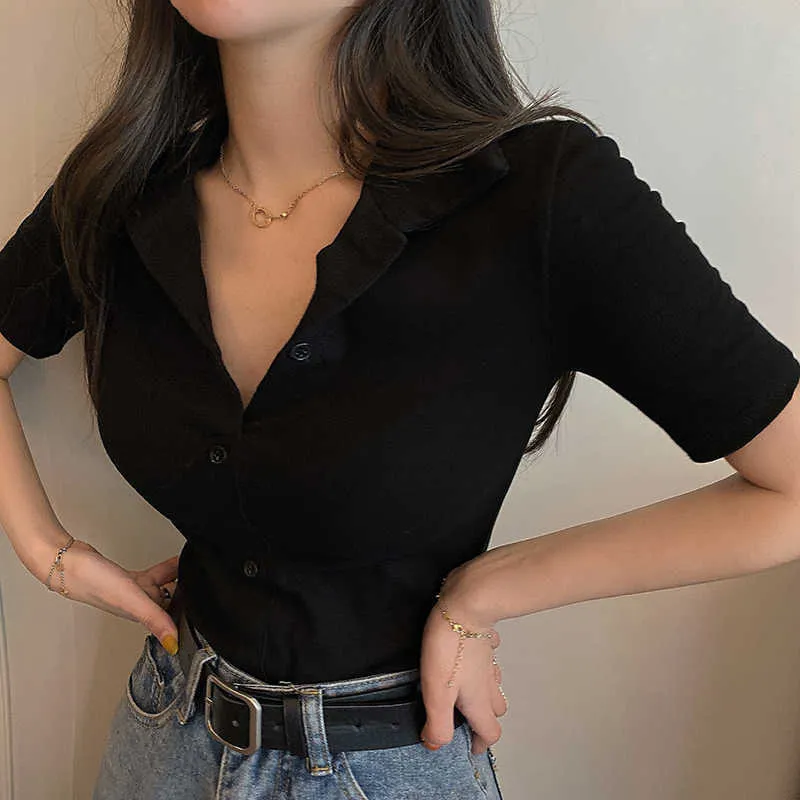 Summer Vintage Polo Shirts Women Sexy Top Cropped Rib Short Sleeve T-shirts Solid Slim Fit Female Tees Mujer Camisetas 210529